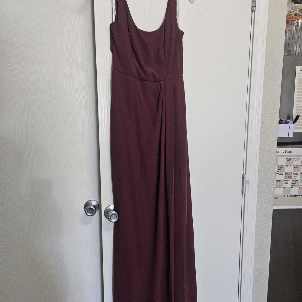 David's Bridal Red Ruched Maxi Gown for Weddings